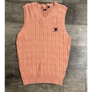 Polo Ralph Lauren Med Golf V-Neck Cable Knit Sweater Vest Peach Salmon Logo VTG